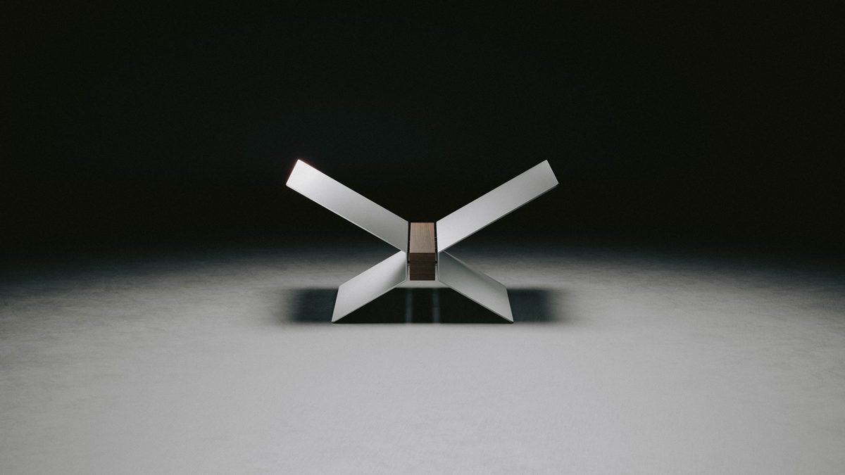 Industrial Bookstand, aluminum sheets on a black walnut spine, under a spotlight