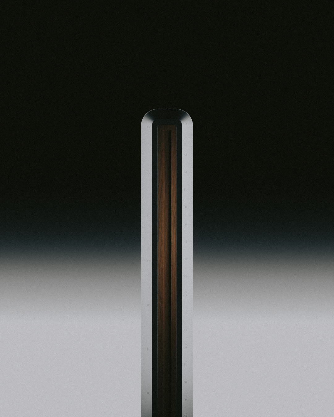 The Ruler standing upright, walnut inlay view